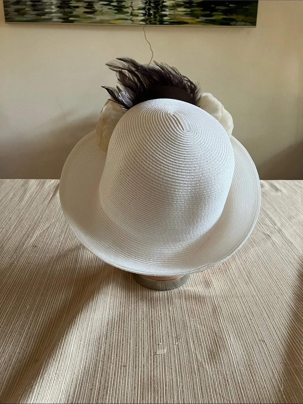 White Ladies Brim Hat with Brown and Cream Velvet Floral and Feather Accent